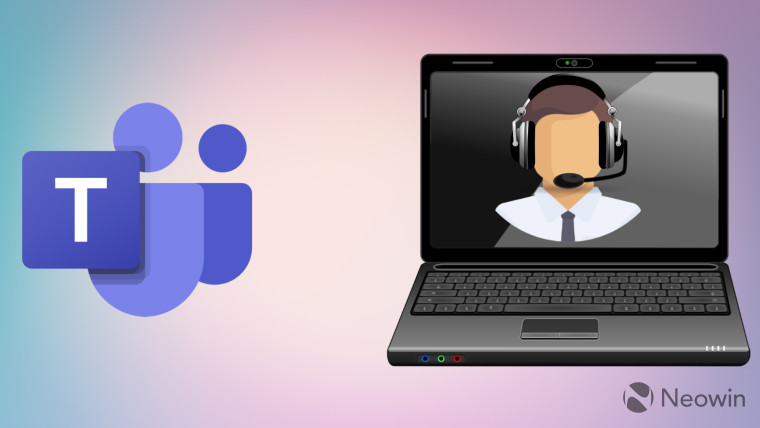 A Microsoft Teams logo on the left of a light background and a person with headset on a laptop scree