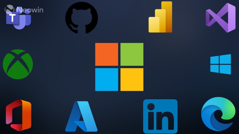 A Microsoft logo in the center with logos for its products services and apps on all four borders