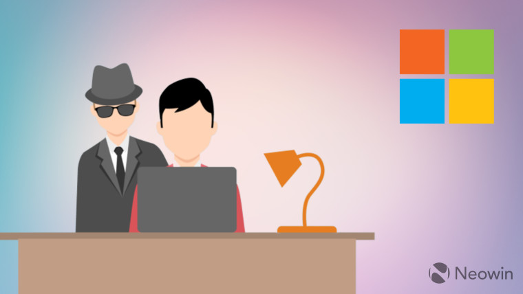 A clipart of a person browsing a laptop on a desk with a person standing behind him and a Microsoft 