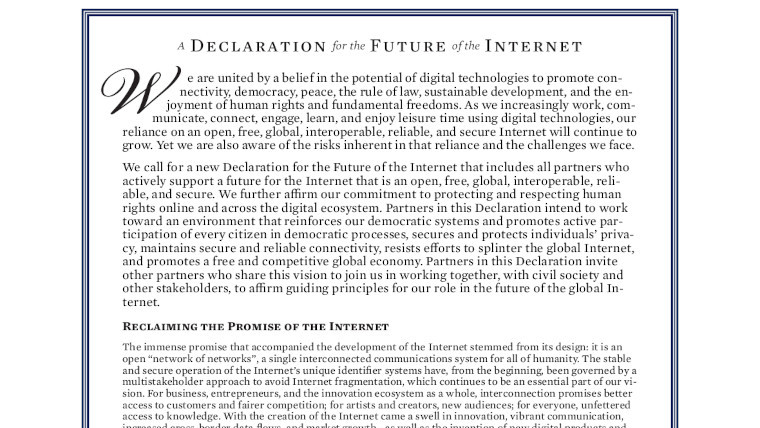 The start of the Declaration for the Future of the Internet