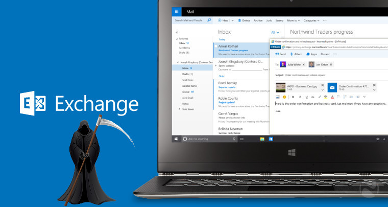 A logo for Microsoft Exchange with a laptop and a grim reaper icon