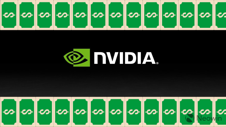 Nvidia logo on a dark background with cash icons on the top and the bottom