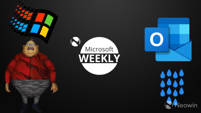 Microsoft Weekly image with Windows 95 logo and 3D Movie Maker image on the left and Outlook logo wi