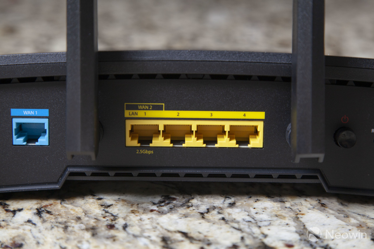 Back of the Synology RT6600ax showing five Ethernet ports