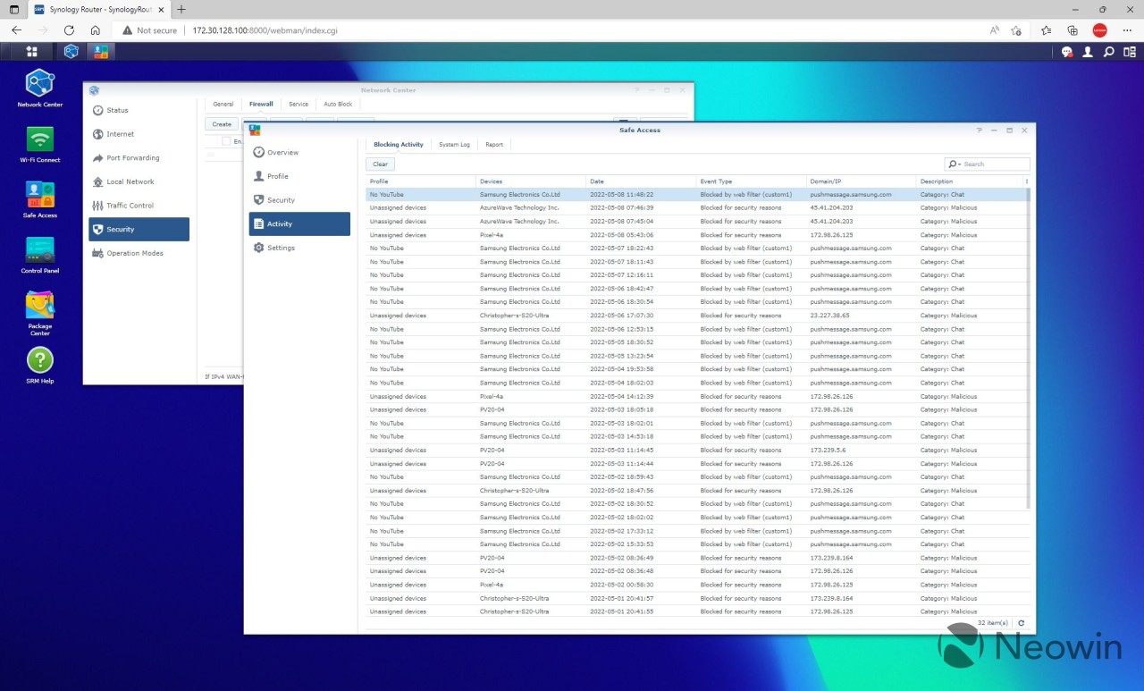 Screenshot of SRM Safe Access showing firewall blocks