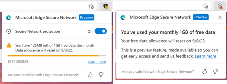 The Secure Network UI showing data caps in Edge Canary