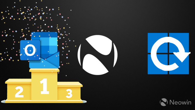 Microsoft Weekly logo with Outlook icon at first place on a podium and a Windows 11 logo with an upd