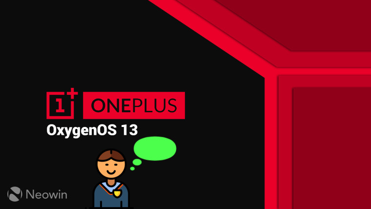 OnePlus OxygenOS 13 written on a dark background with a person clipart with a speech bubble below it