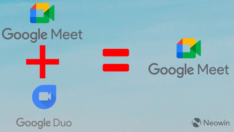 Google Meet and Duo merging with a plus sign to form Google Meet