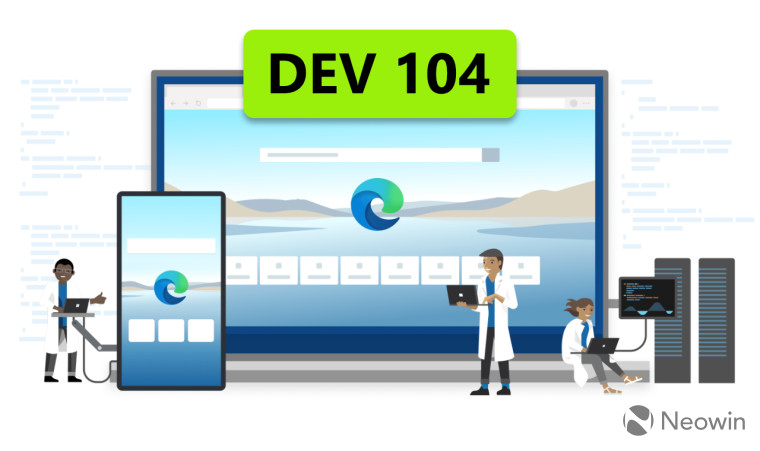 An illustration showing people working on developing the Edge browser version 104