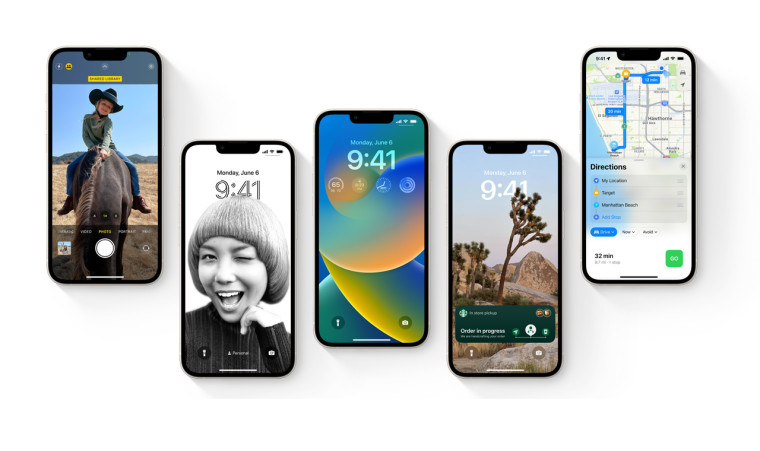 Five iPhone 13 showing new features in iOS 16