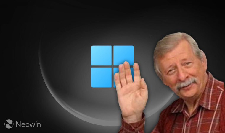 An old man waving to the user with the Windows 11 logo on the background