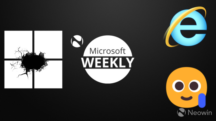 Microsoft Weekly image with Windows 11 logo with a hole in it on the left and an Internet Explorer l