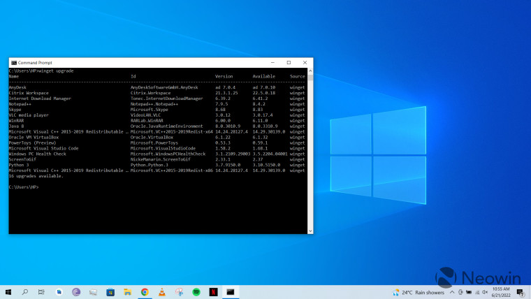 winget upgrade command running on CMD on a Windows 10 desktop