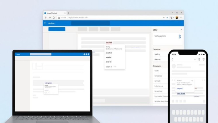 An illustration showing Microsoft Editor in Outlook on various platforms