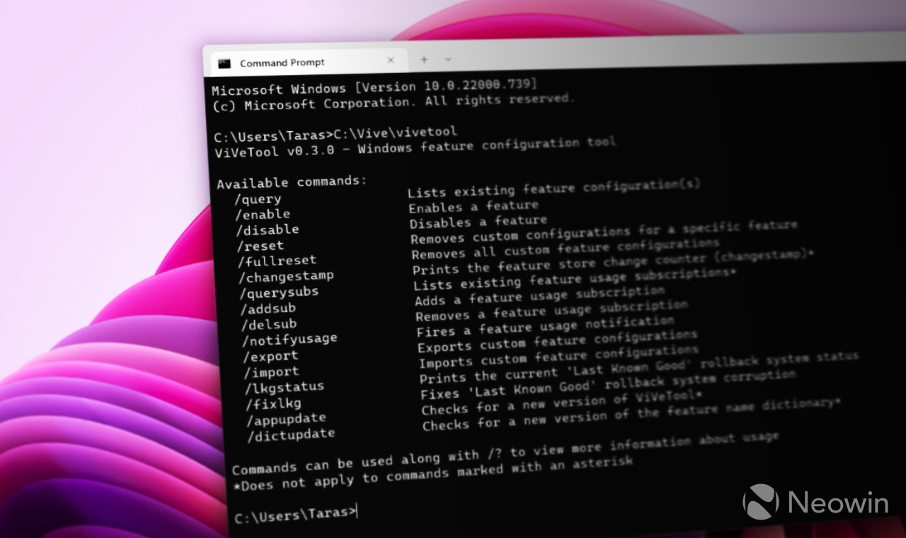 A Windows Terminal running ViveTool in Windows 11