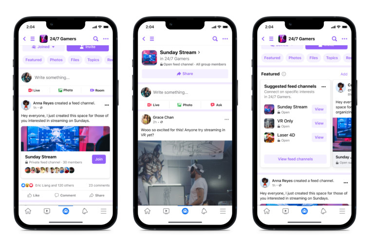 A graphic showing three phones with various UIs of Facebook Groups and Facebook Channels open