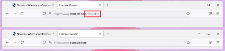 Two windows of Firefox showing URLs with Query Parameter Stripping and without