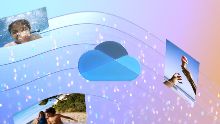 A graphic with OneDrive logo in the foreground and photos in the background