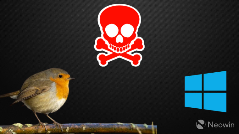 A red robin on a branch staring angrily at a Windows logo with a skull icon on top