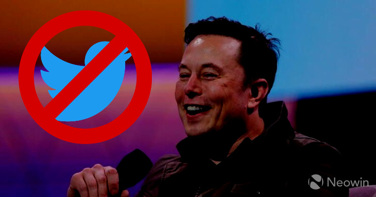 Elon Musk grinning at a Twitter logo with a slash across it