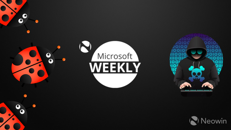 Microsoft Weekly graphic with hacker on the right and three ladybugs on the left