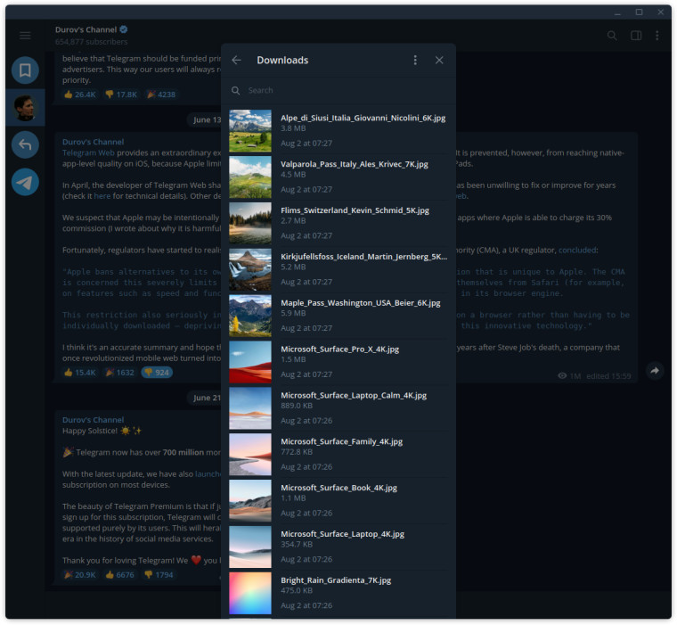 The downloads manager on Telegram desktop