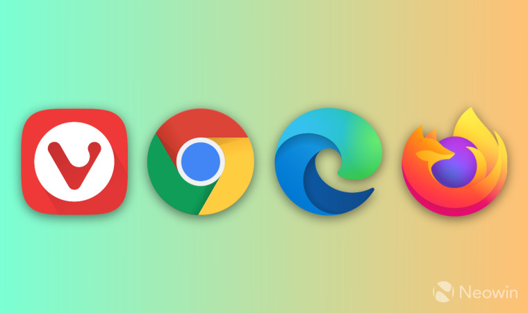 Logos of four popular browsers - Vivaldi Chrome Edge and Firefox