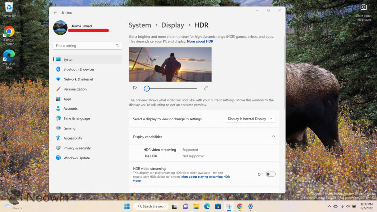 The Settings app in Windows 11 in the HDR section