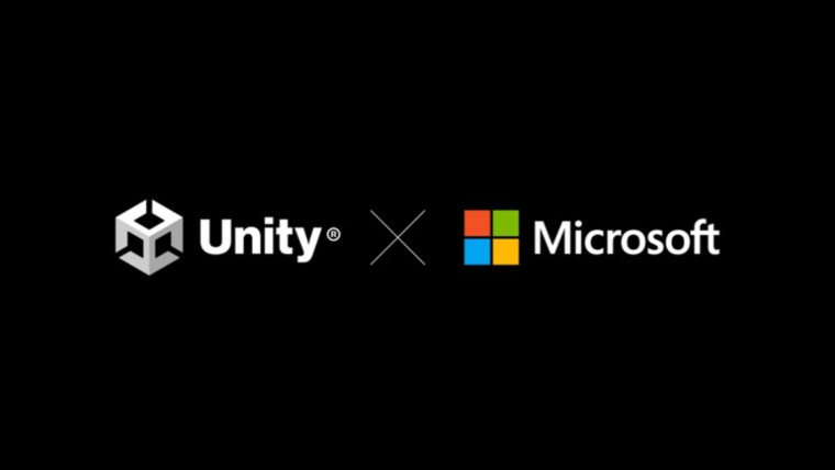 Microsoft and Unity logos on a dark background