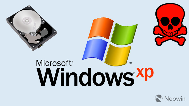 Windows XP logo with skull and HDD on the top corners