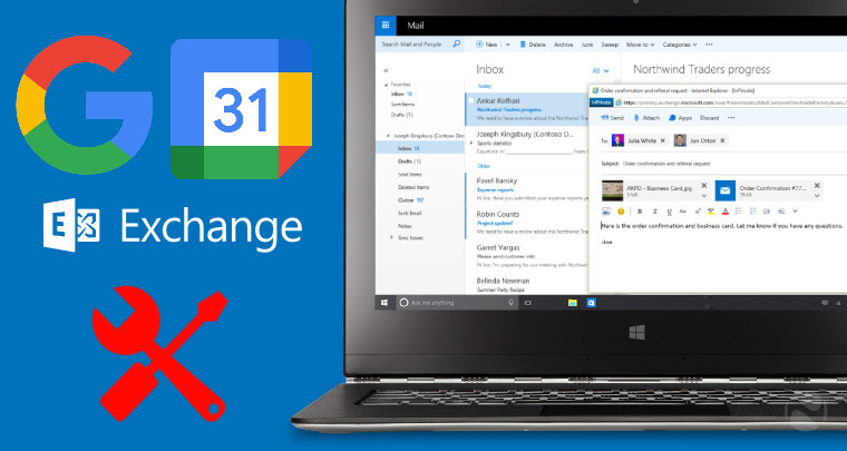 Exchange open on a laptop with a logo along with Google Calendar logos and a wrench