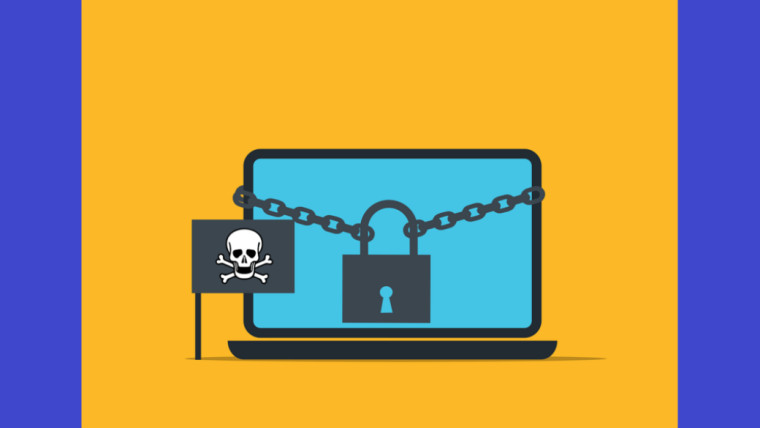 A cartoon showing a laptop with lock and chains with a danger sign flag