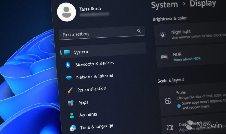 An illustration showing a close-up of main sections in the Windows 11 settings app