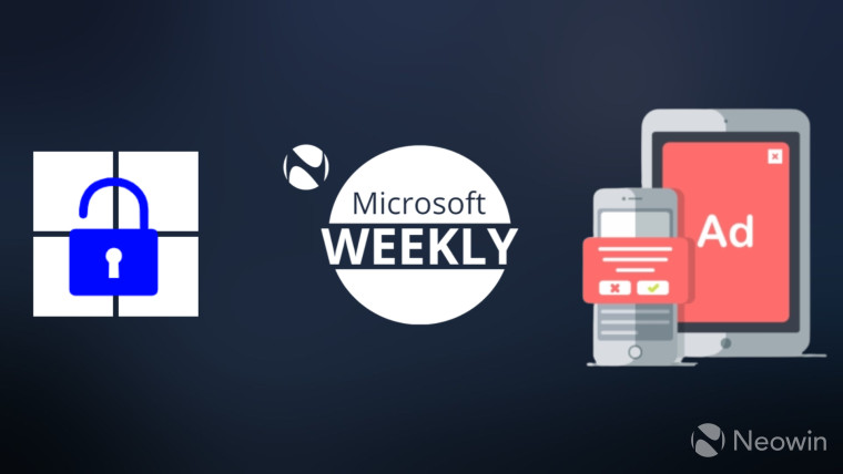 Microsoft Weekly graphic with Windows 11 and padlock icon on the left and ads running on mobile and 