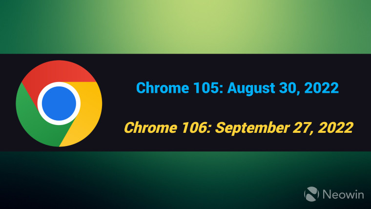 A graphic showing that Chrome 105 will land on August 30 while Chrome 106 will arrive on September 2