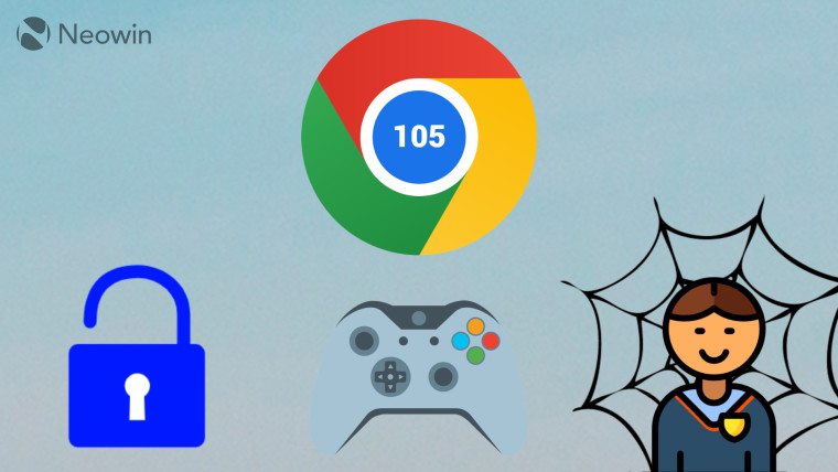 Chrome 105 logo on a blue background with a dark blue padlock an Xbox controller and a person with a