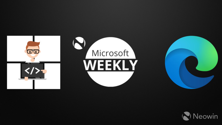 Microsoft Weekly promo with Windows 11 and programmer clipart on the left and Edge logo on the right