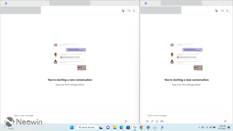 Two Teams windows snapped in Windows 11