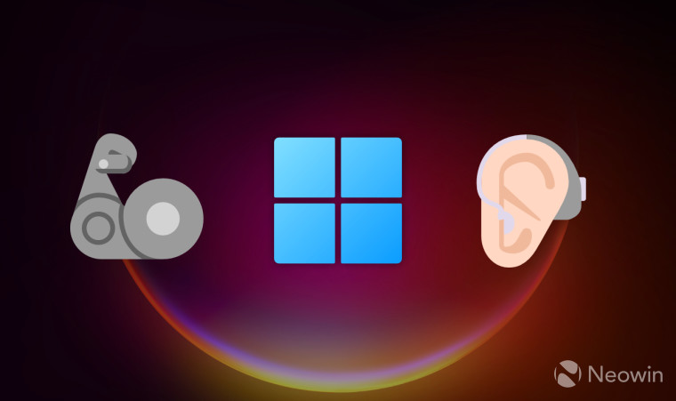 The Windows 11 logo next to a prosthetic arm and hearing aid icons