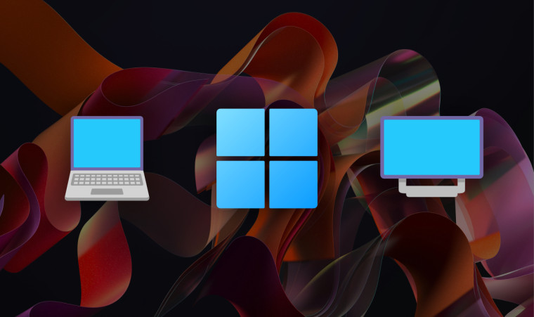 Windows 11 logo next to laptop and monitor icons