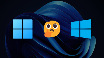 A thinking emoji between Windows 11 and 10 logos thinking which is better