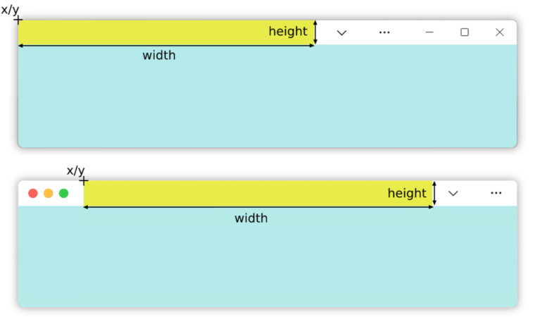 Graphic showing height utilization difference between Window Controls Overlay on different OSes