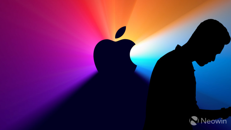 Apple logo on a colorful background with a silhouette of a person on the right