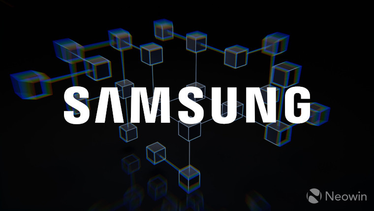 Samsung in front of a blockchain image