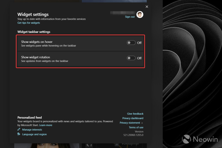 A screenshot showing Windows Widgets settings in Windows 11