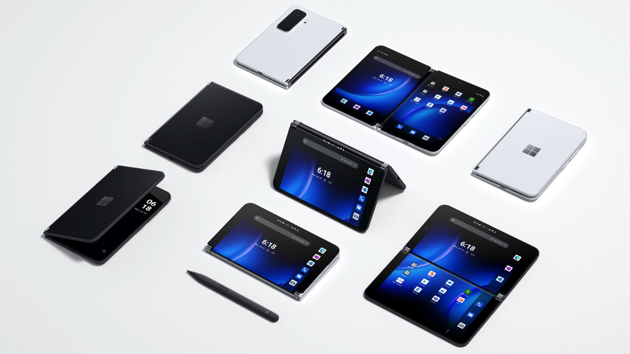 A photo of several Surface Duo 2 smartphones in various positions