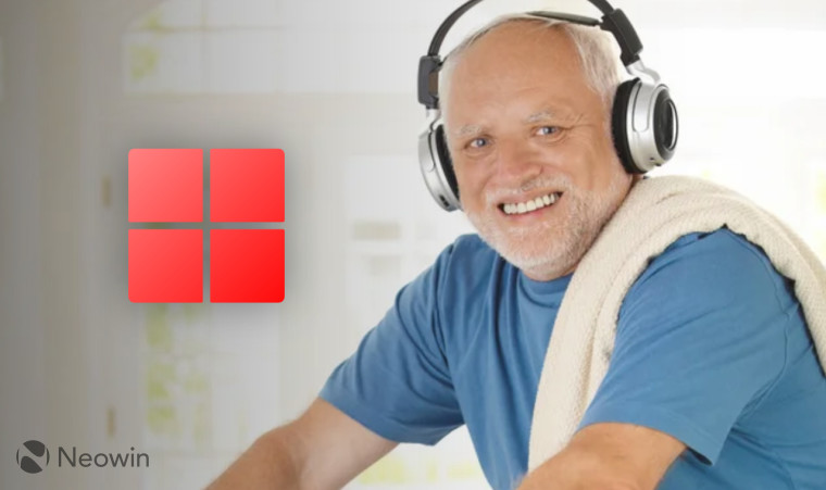 Hide the Pain Harold with a headphones next to a red Windows 11 logo indicating a bug