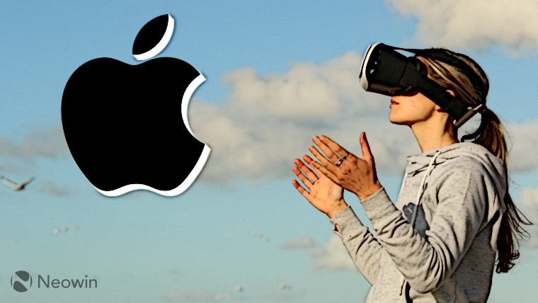 A woman wearing a VR headset and the Apple logo