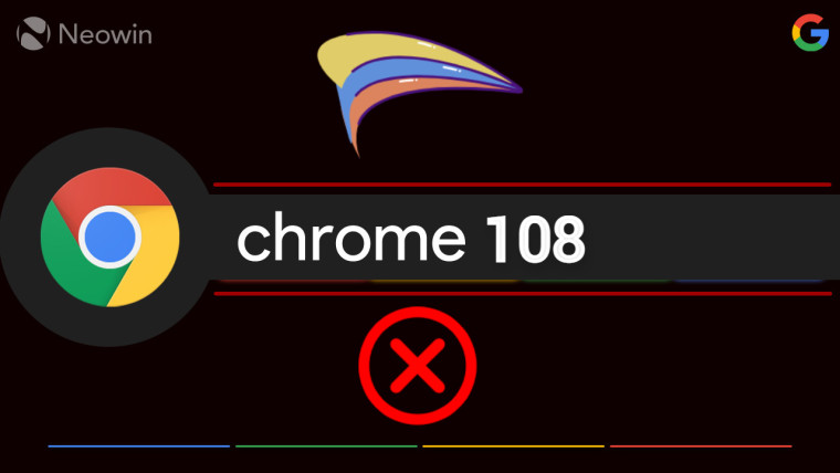 Chrome 108 written on a dark background with some colors at the top and a crossmark at the bottom